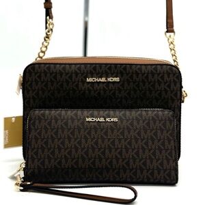 Michael Kors Large EW Crossbody Bag w Matching Continental Wallet Set Brown/Gold